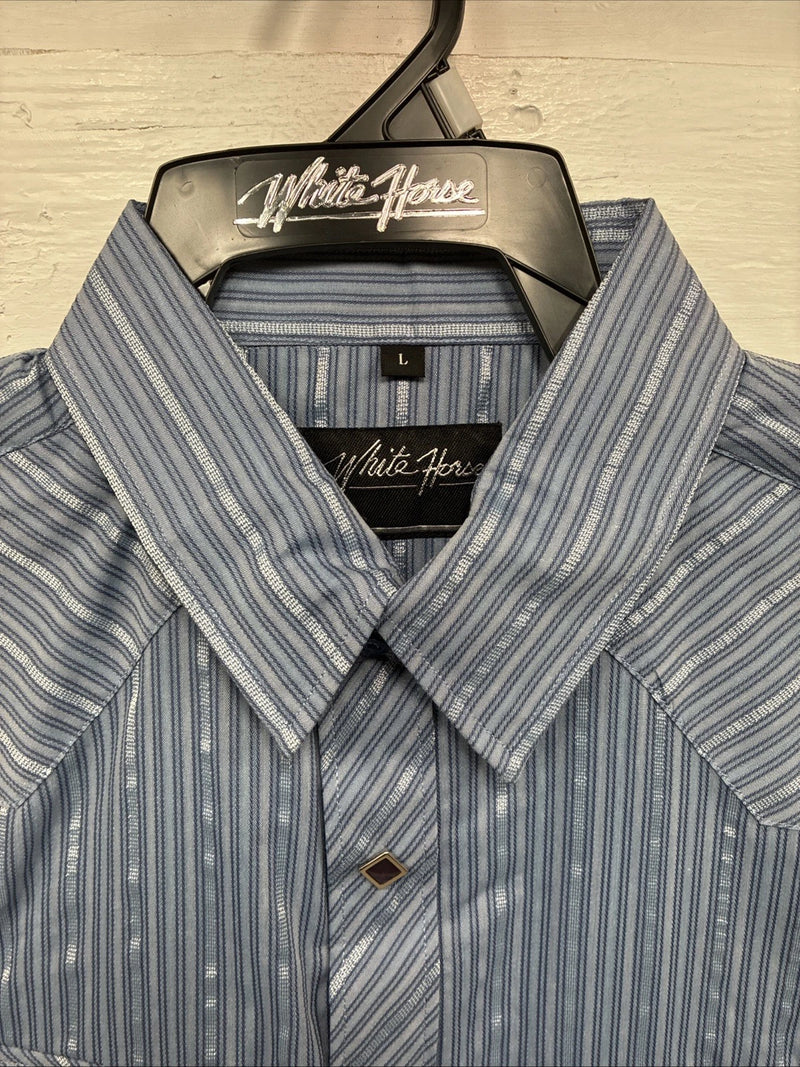 New Men’s White Horse Blue Designed Long Sleeve Pearl Snap Large CC-32