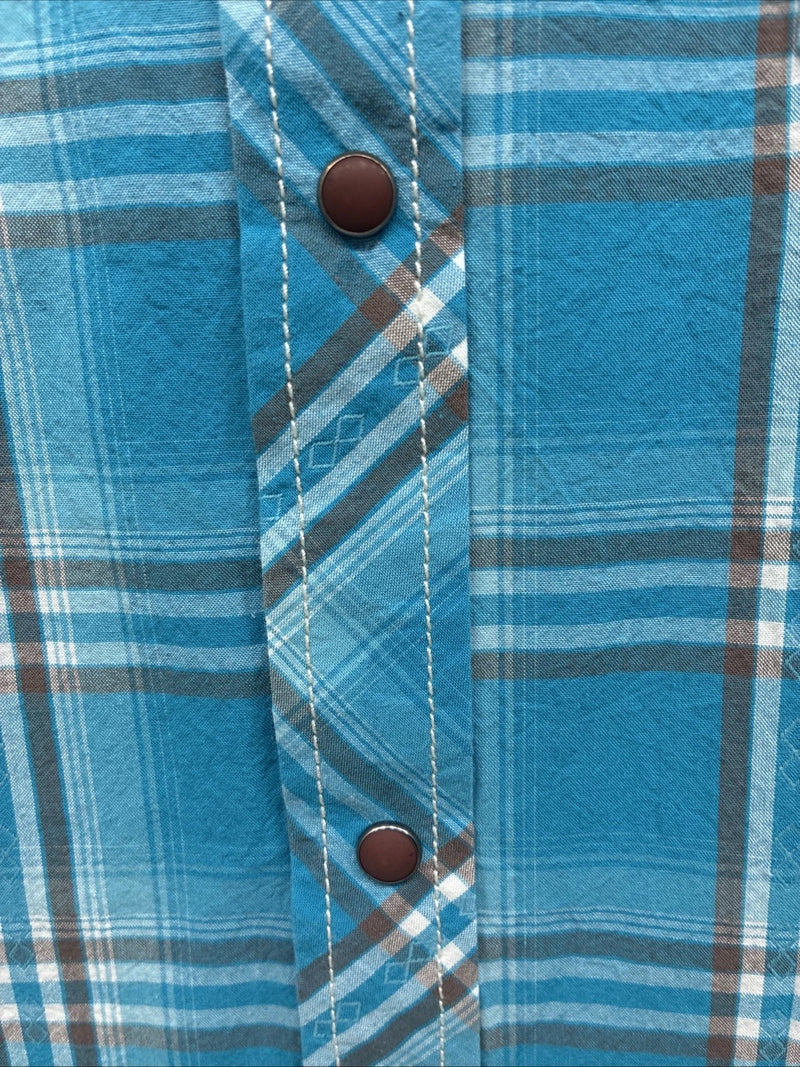 New Men’s ELY 1878 Blue Plaid Short Sleeve Pearl Snap Large X-32