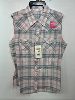 New Women’s Cumberland Gray Pink Plaid Short Sleeve Pearl Snap Medium LL-106
