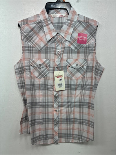 New Women’s Cumberland Gray Pink Plaid Short Sleeve Pearl Snap Medium LL-106
