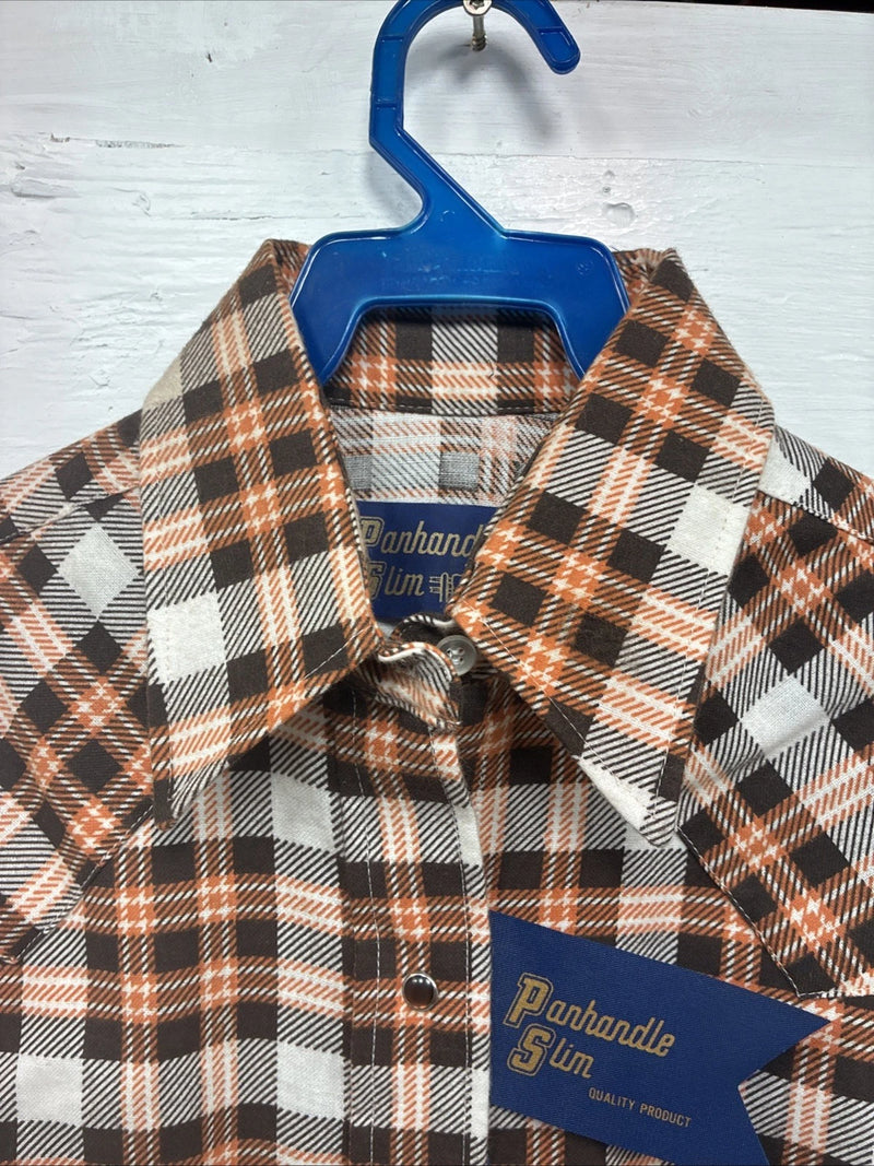 New Men’s Panhandle Slim Orange Brown Plaid Long Sleeve Pearl Snap Small J-65