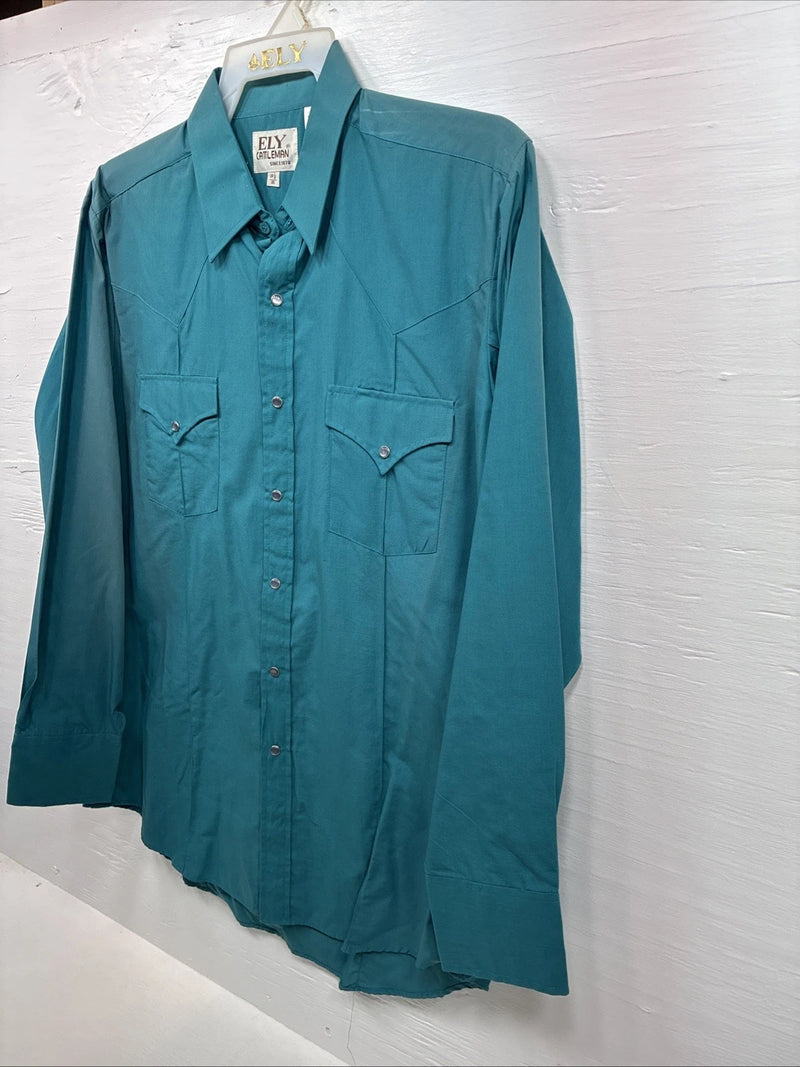 New Men’s ELY Cattleman Teal Western Long Sleeve Pearl Snap 16.5 X 35 Large T-59