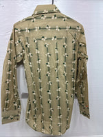 New Men’s ELY Plains Tan Green Floral Long Sleeve Pearl Snap 14.5 Small X-111