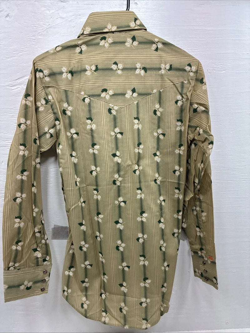 New Men’s ELY Plains Tan Green Floral Long Sleeve Pearl Snap 14.5 Small X-111