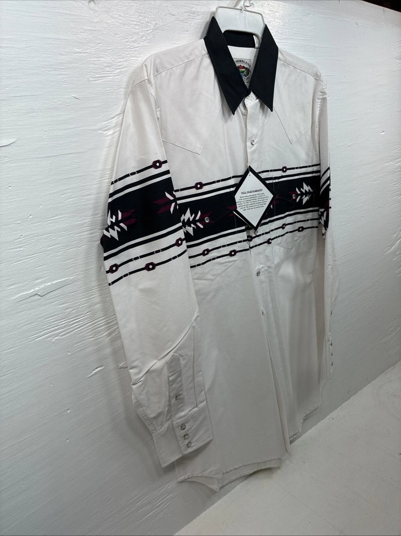 New Men’s Cumberland White Purple design Long Sleeve Pearl Snap Large AA-57