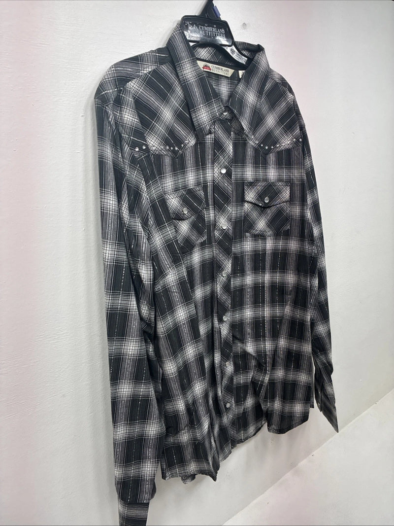 New Women’s Cumberland Black Plaid Long Sleeve Pearl Snap 2XL GG-12