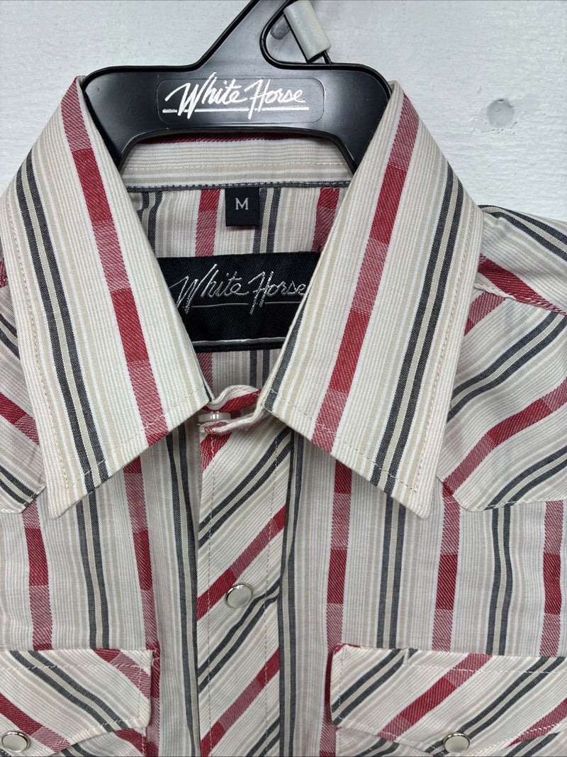 New Boys White Horse Red Stripe Long Sleeve Pearl Snap Medium DD-113