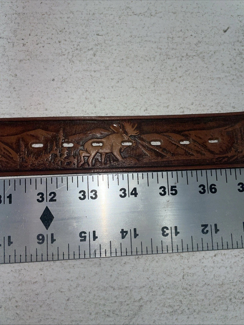 New Brown Genuine Leather Wildlife Tooled Belt 34” #6380 Z-7