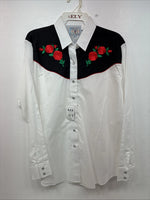 New Women’s Country Charmer White Rose Design Long Sleeve Pearl Snap Large KK-86
