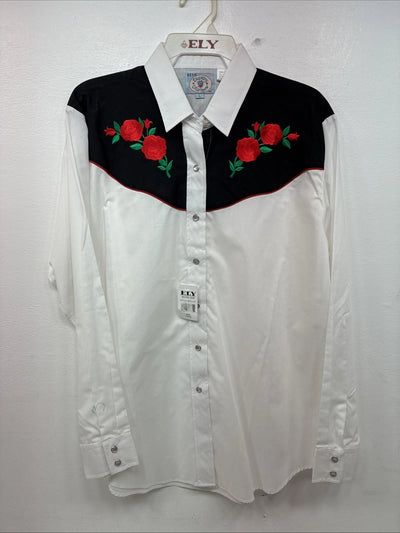 New Women’s Country Charmer White Rose Design Long Sleeve Pearl Snap Large KK-86