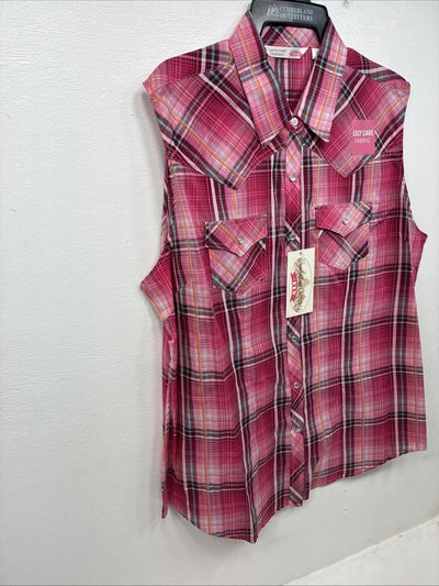 New Women’s Cumberland Pink plaid Short Sleeve Pearl Snap XL GG-26