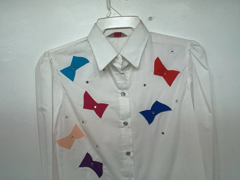 New Women’s White And Colored H Bar C Long Sleeve Button Up Shirt M 3B-87