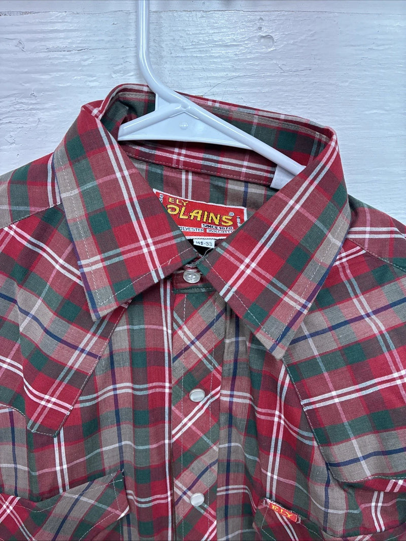 New Men’s ELY Plains Red Plaid Long Sleeve Pearl Snap 14.5 X 33 Small AA-94