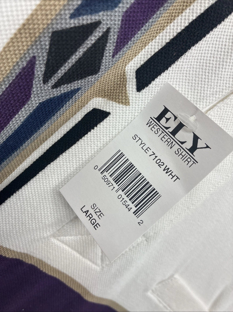 New Men’s Cumberland White Purple Design Short Sleeve Polo Short Large V-90