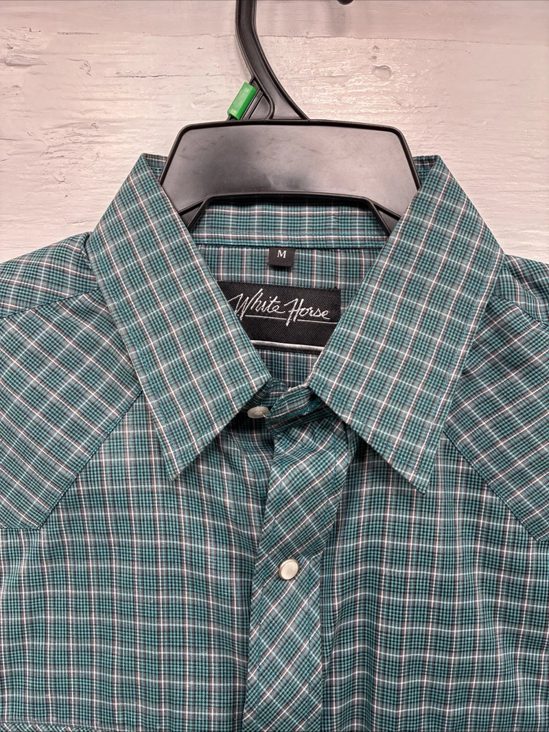 New Men’s White Horse Green Plaid Long Sleeve Pearl Snap Medium K-43