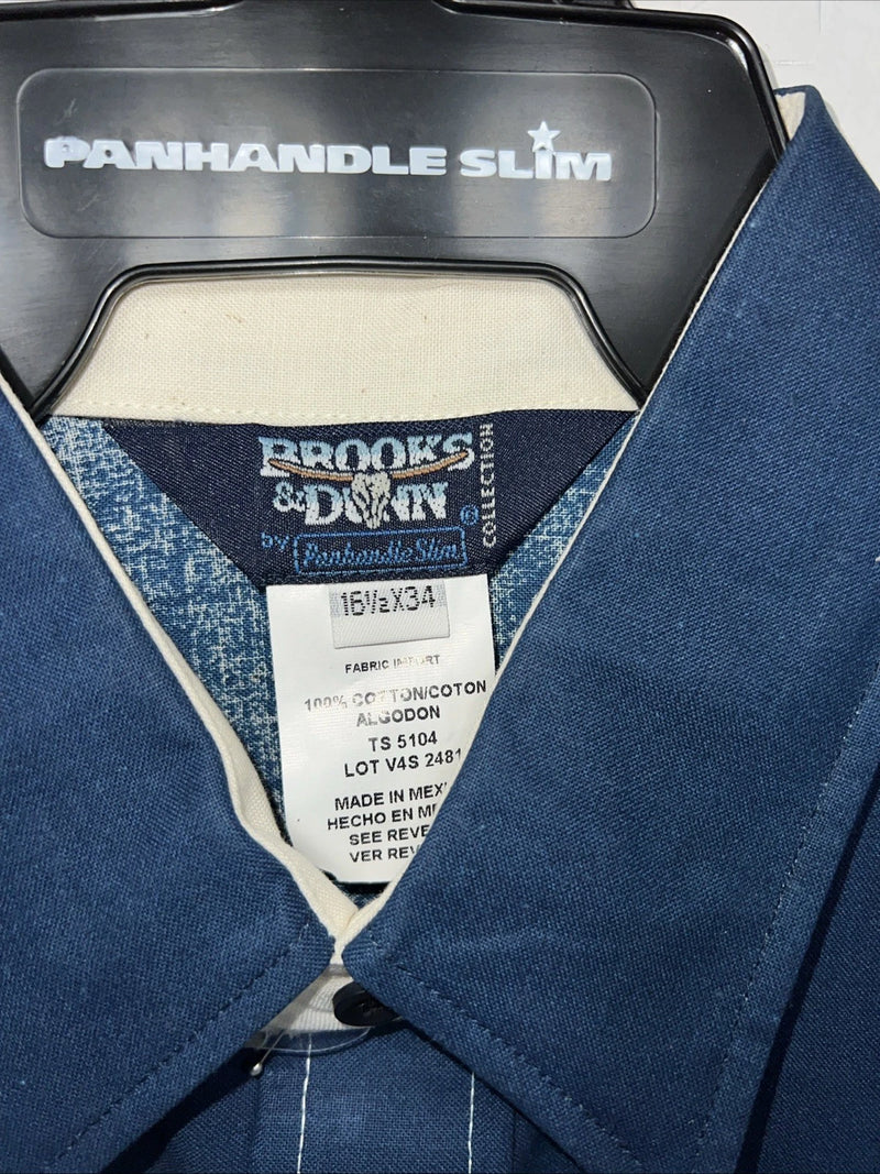 New Men’s Blue White Brooks&Dunn Long Sleeve Pearl Snap Shirt. 16.5x34 L P-63