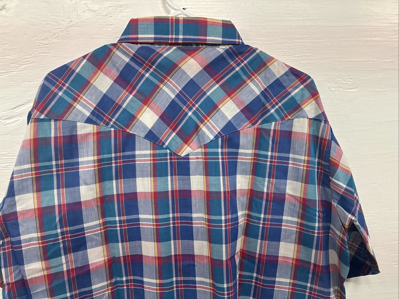 New Men’s ELY Cattleman Purple Multicolor Plaid Short Sleeve Pearl Snap XL R-54