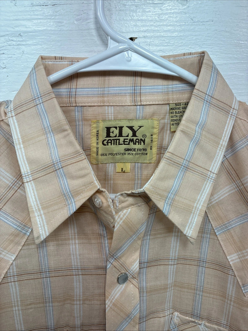 New Men’s ELY Cattleman Orange Plaid Short Sleeve Pearl Snap Large X-28
