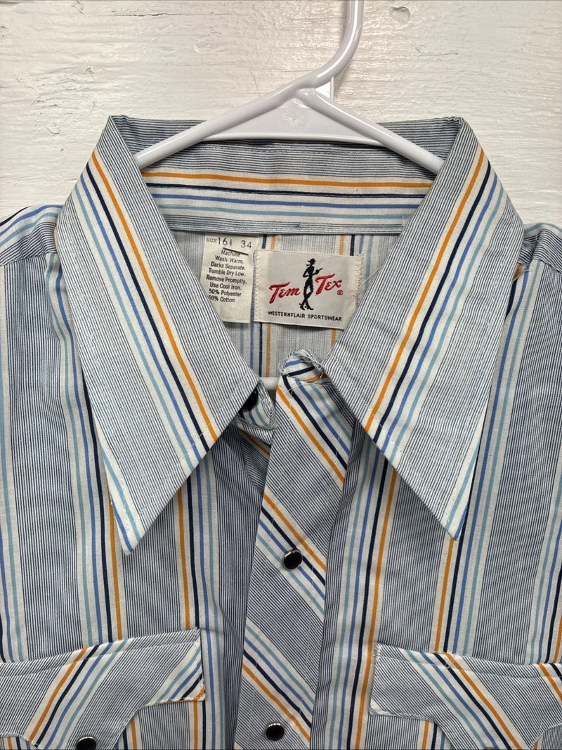 New Men’s Tem Tex Blue Yellow Stripe Long Sleeve Pearl Snap 16.5 Large V-23