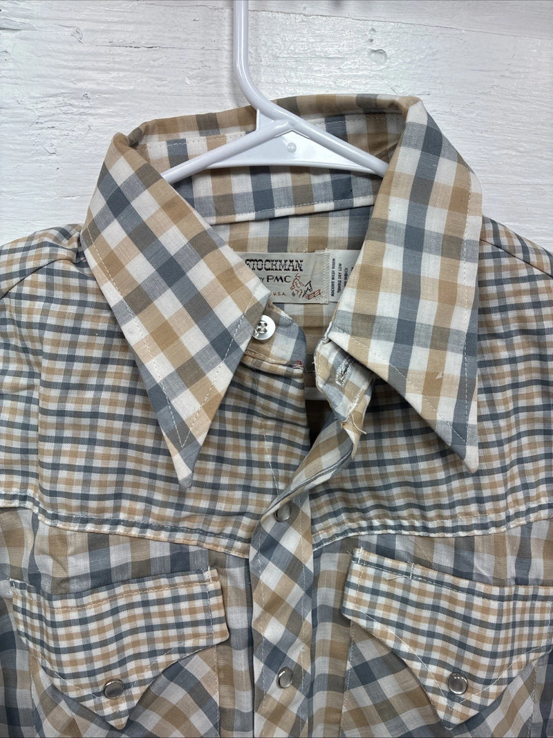 New Men’s Stockman Yellow Blue Plaid Long Sleeve Pearl Snap 14.5 X 33 Small R-21