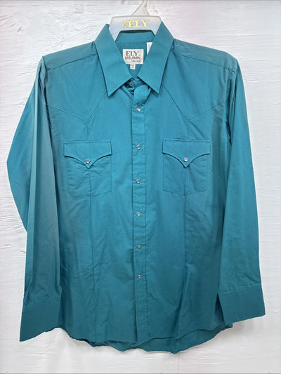 New Men’s ELY Cattleman Teal Western Long Sleeve Pearl Snap 16.5 X 35 Large T-59