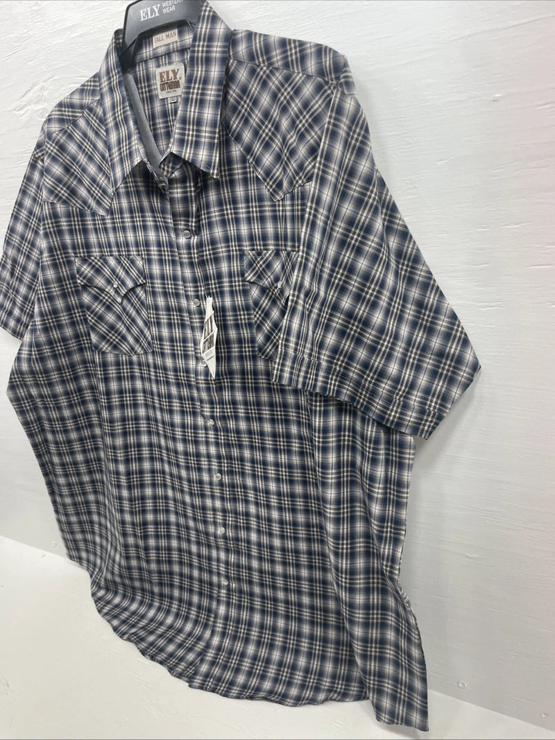 New Men’s ELY cattleman Blue Short Sleeve Pearl Snap 3XL E-27