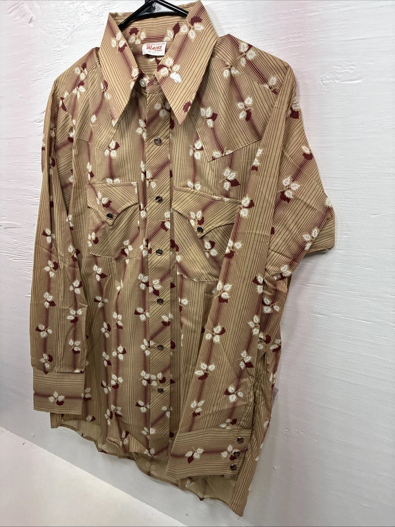 New Men’s ELY Plains Tan Red Floral Long Sleeve Pearl Snap 15.5 Medium X-109