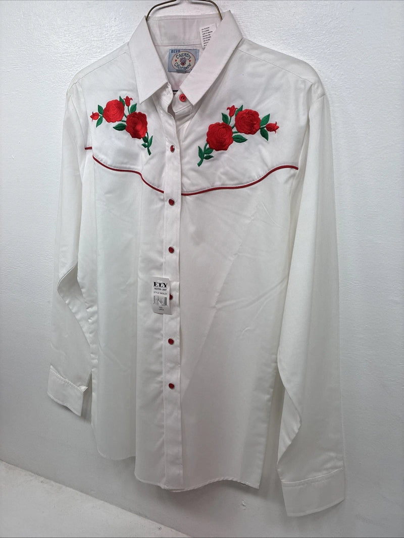 New Women’s Country Charmers White Rose Long  Sleeve Pearl Snap Large KK-118