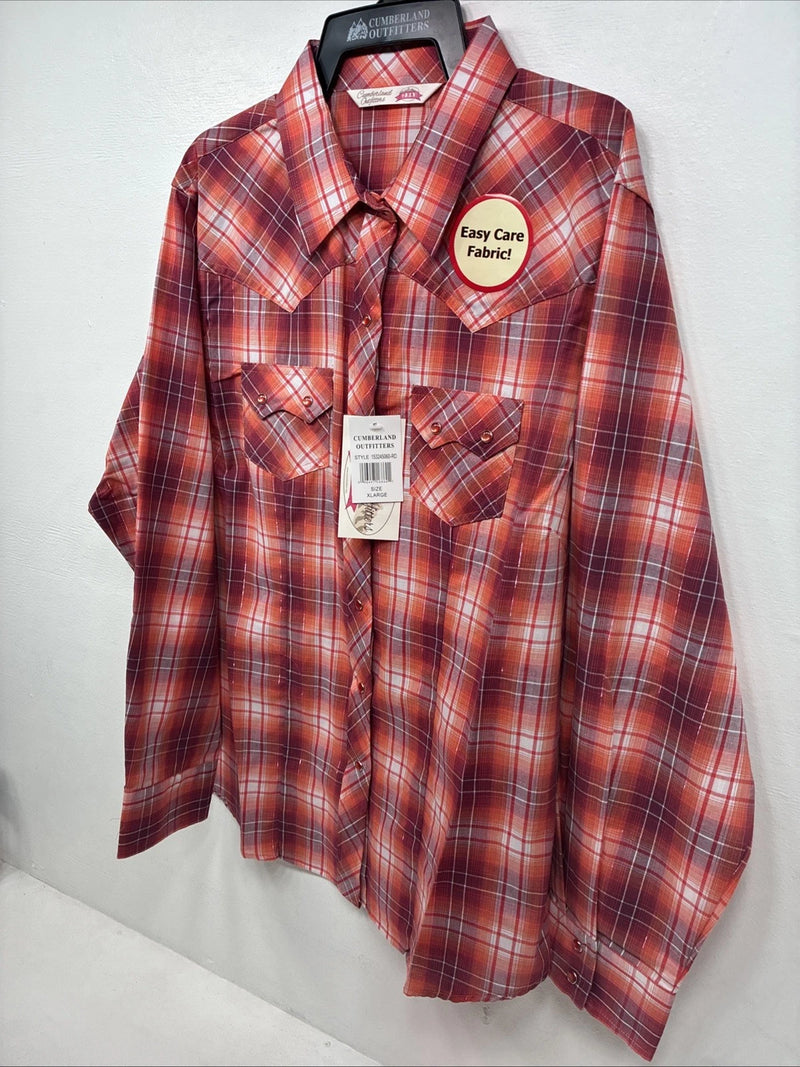 New Women’s Cumberland Pink orange Plaid Long Sleeve Pearl Snap XL GG-61