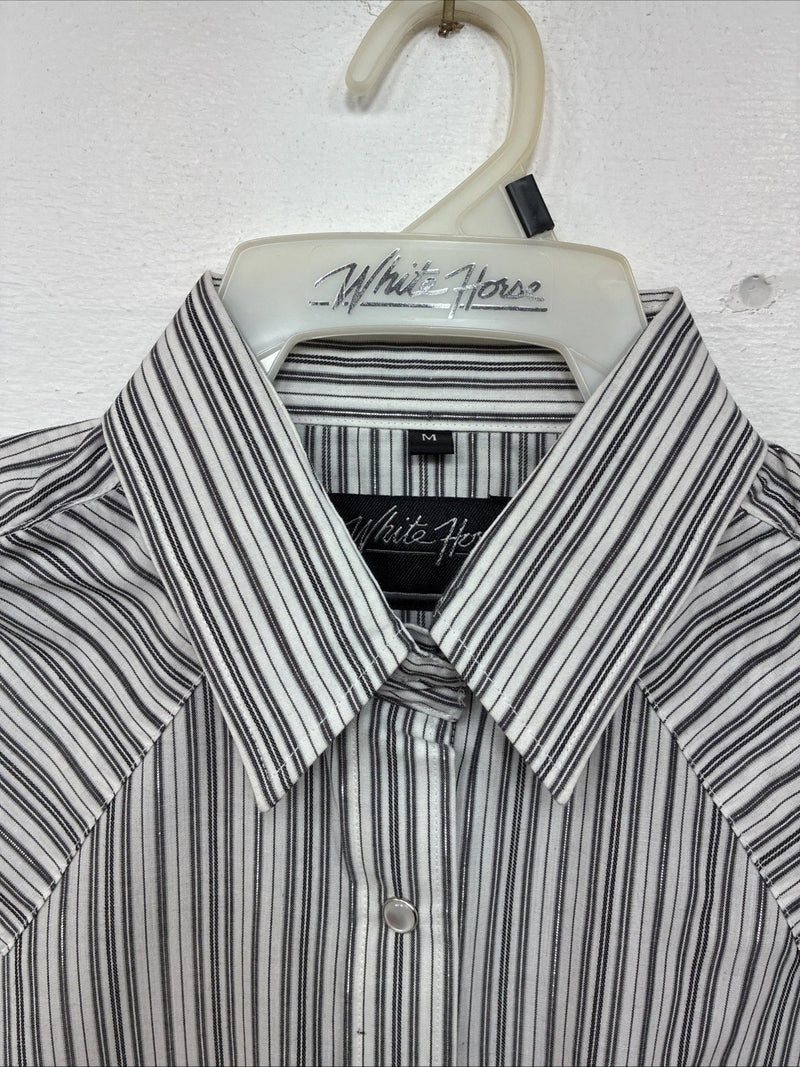 New Women’s White Horse Black White Stripe Long Sleeve Pearl Snap Medium LL-80