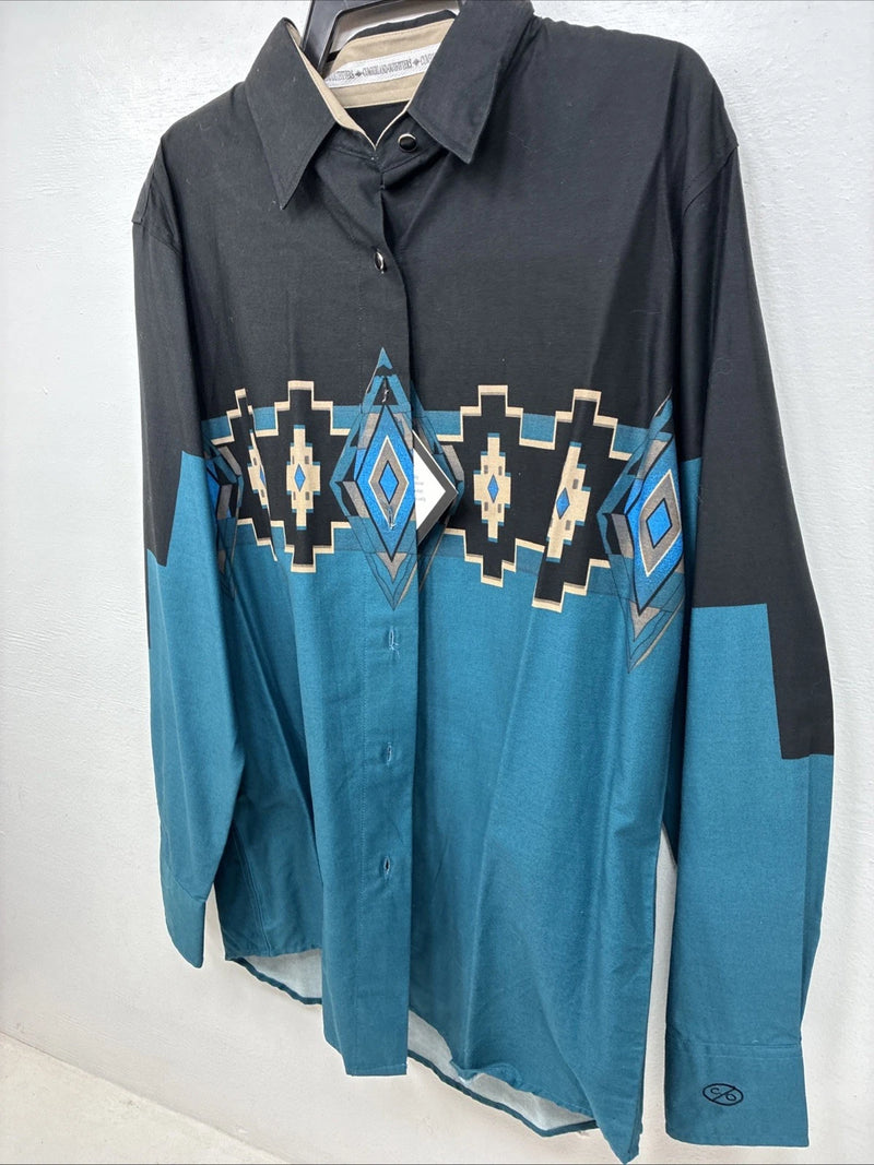 New Women’s Cumberland Black Blue Long Sleeve Button Up Medium TT-25