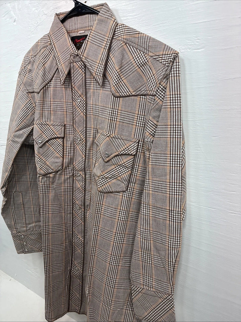 New Men’s Champion Western Brown Plaid Long Sleeve Pearl Snap 16 Large M-86