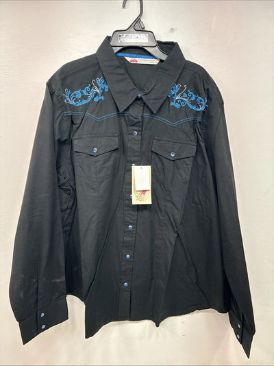 New Women’s Cumberland Black Blue Design Long Sleeve Pearl Snap 3XL II-3
