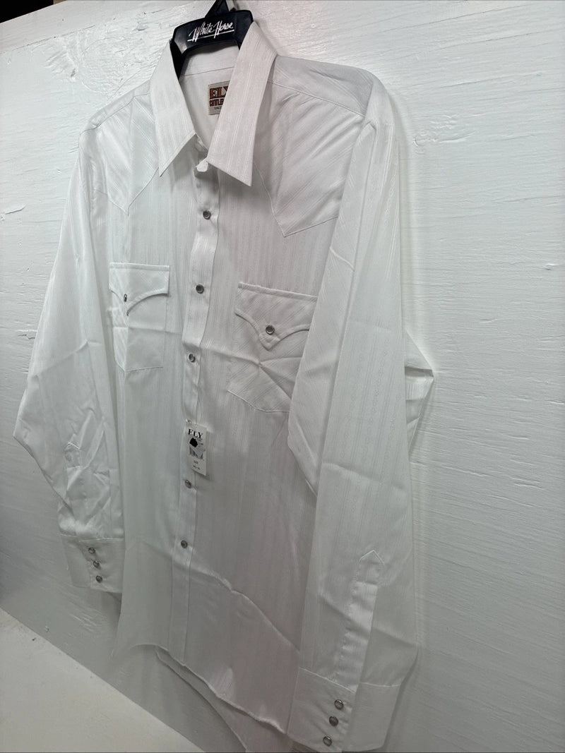 New Men’s ELY Cattleman White Designed Long Sleeve Pearl Snap 16.5 Large Q-102