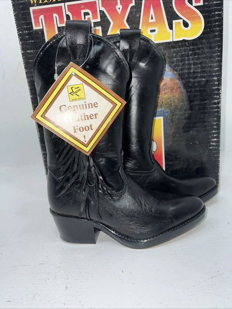 New Children’s Black Texas Brand Cowboy Boots With Fringe. C2690 9 D. 24-28