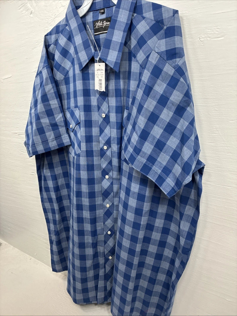 New Men’s White Horse Blue Checkered Short Sleeve Pearl Snap 2XL H-68