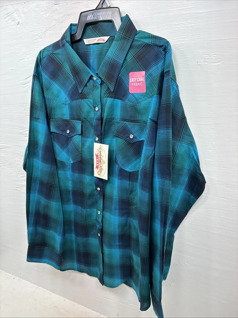 New Women’s Cumberland Blue Plaid Long Sleeve Pearl Snap 3XL Plus DD-15