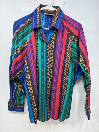 New Women’s H Bar C Multicolor Design Long Sleeve Button Up Size 38 TT-65
