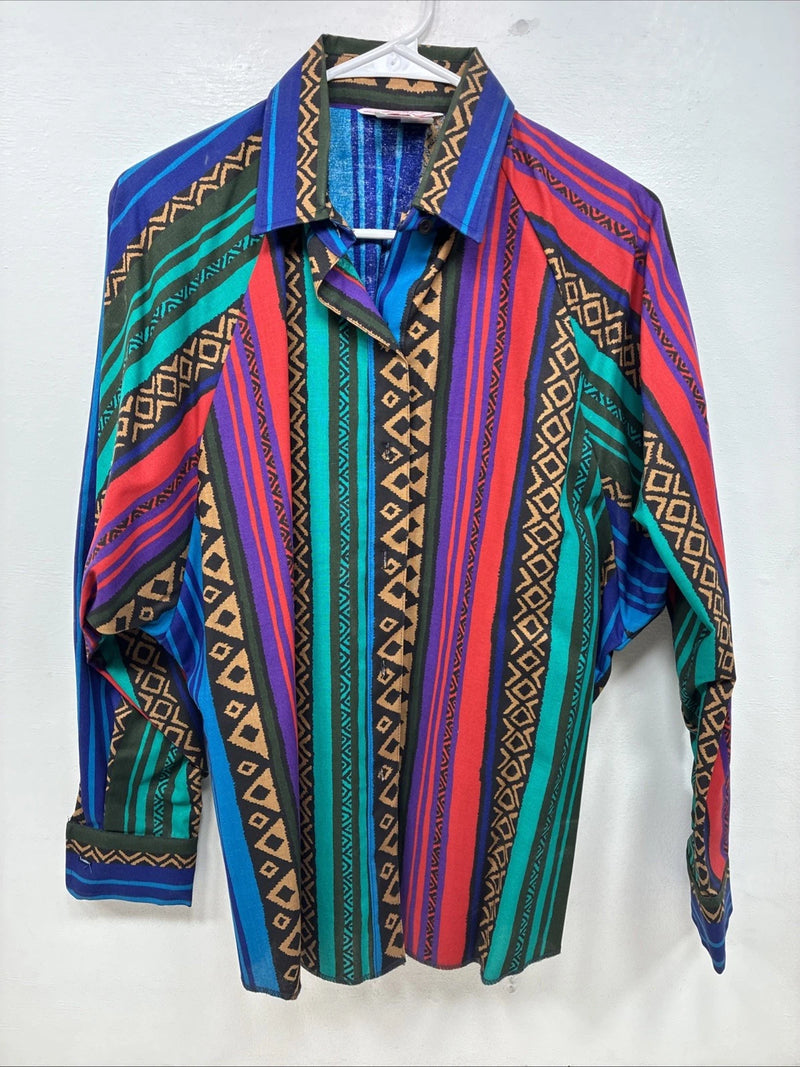 New Women’s H Bar C Multicolor Design Long Sleeve Button Up Size 38 TT-65