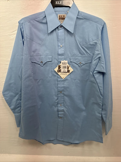 New Men’s ELY Cattleman Blue Simple Long Sleeve Pearl Snap Medium J-87