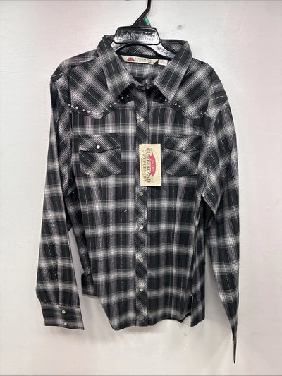 New Women’s Cumberland Black Plaid Long Sleeve Pearl Snap XL II-15