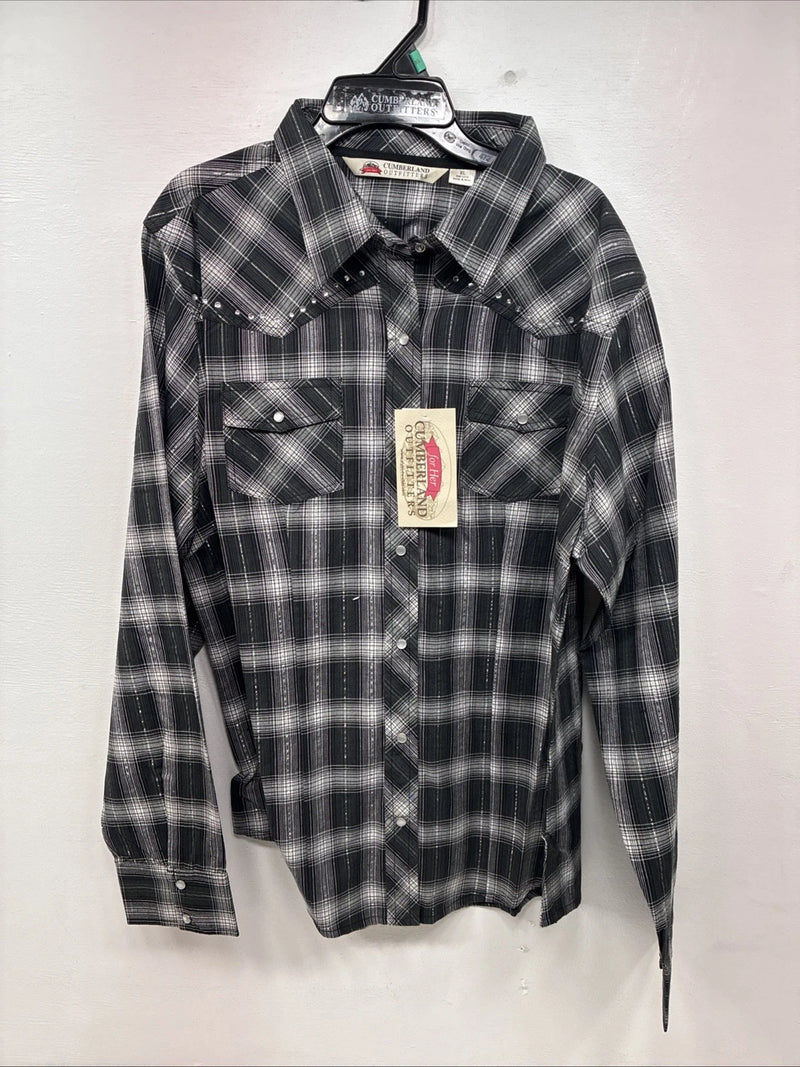 New Women’s Cumberland Black Plaid Long Sleeve Pearl Snap XL II-15