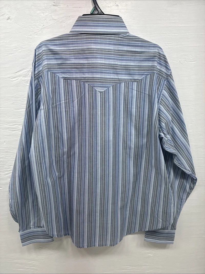 New Teens White Horse Blue Stripe Long Sleeve Pearl Snap Medium V-103