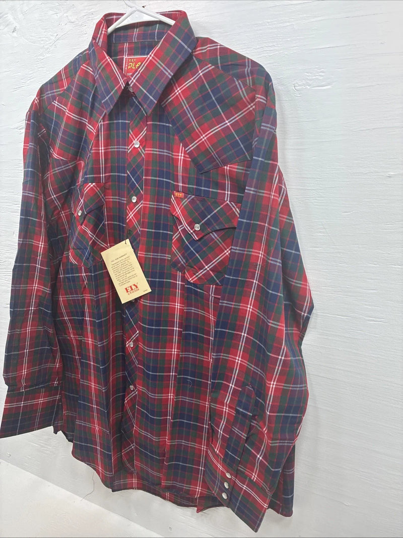 New Men’s ELY Plains Red Blue Plaid Long Sleeve Pearl Snap 17 XL T-87