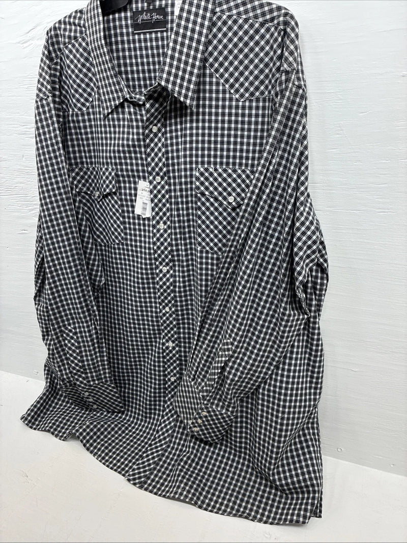 New Men’s White Horse Black White Checkered Long Sleeve Pearl Snap 3XL E-59