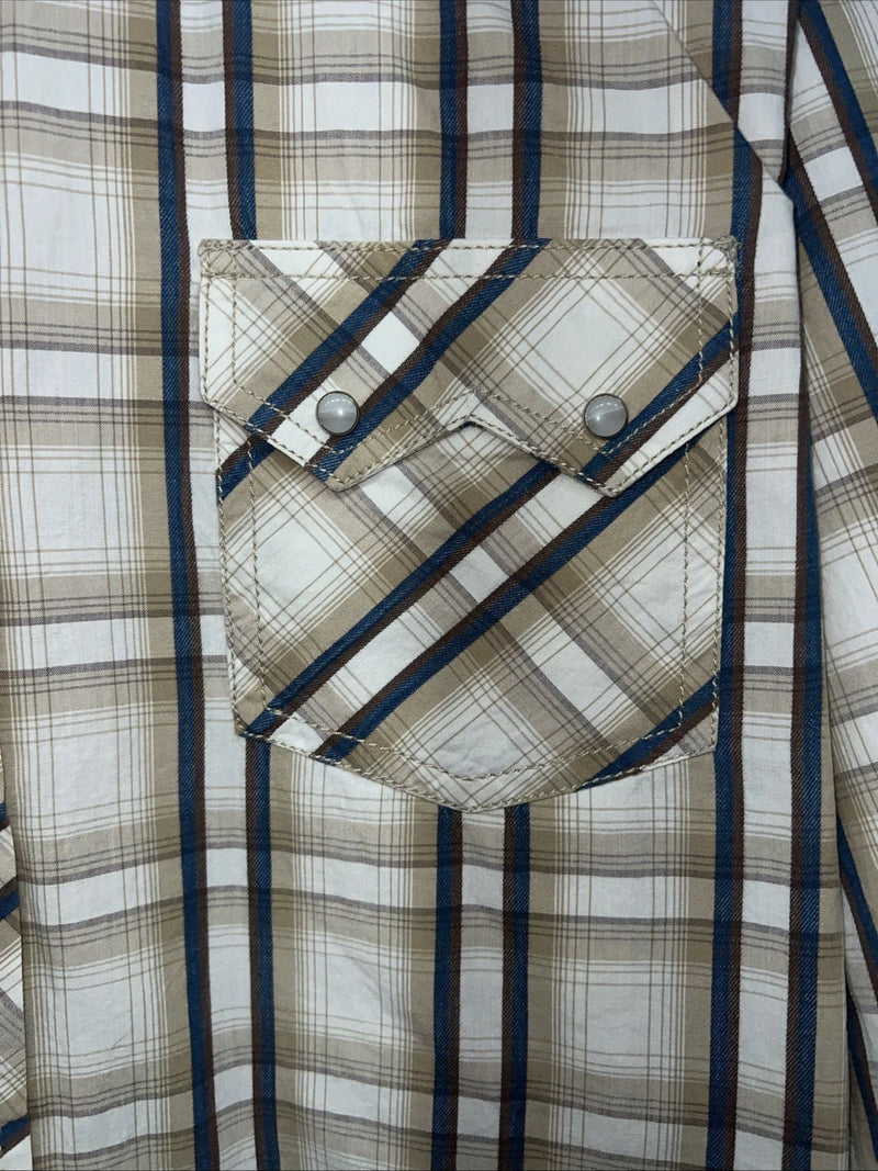 New Men’s Tan Plaid ELY 1878 Long Sleeve Pearl Snap Shirt. Large P-72
