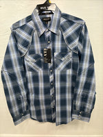 New Men’s ELY 1878 Blue Gray Plaid Long Sleeve Pearl Snap Large V-30 