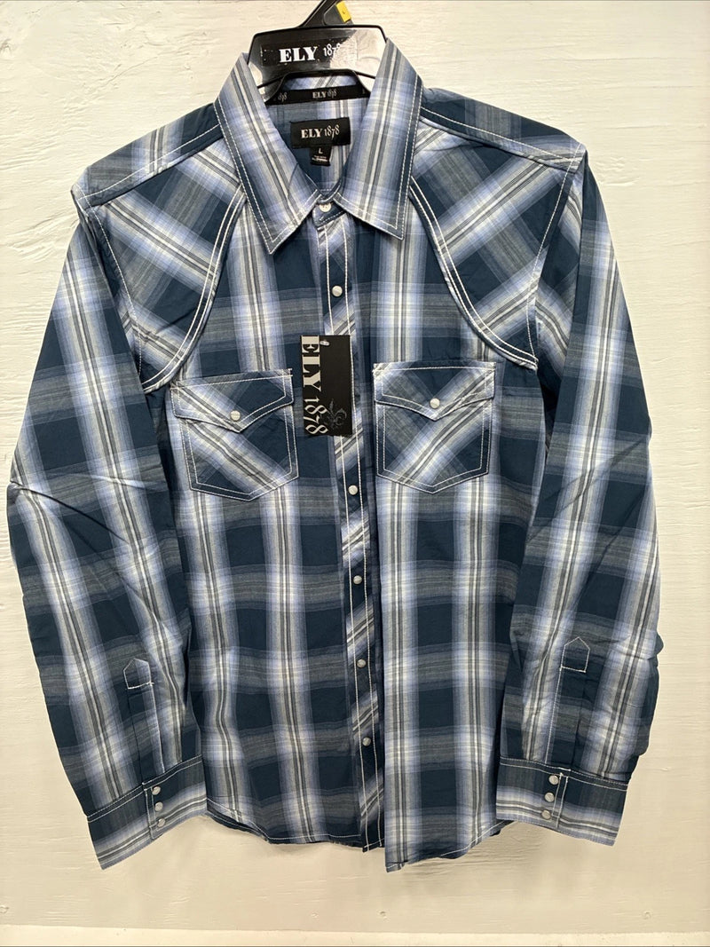 New Men’s ELY 1878 Blue Gray Plaid Long Sleeve Pearl Snap Large V-30 