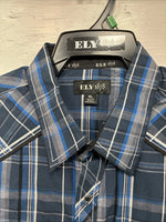 New Men’s ELY 1878 Blue Gray Plaid Short Sleeve Pearl Snap XL O-71