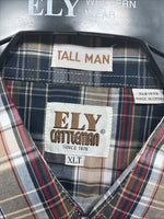 New Men’s ELY Cattleman Brown Blue Plaid Long Sleeve Pearl Snap XLT R-44
